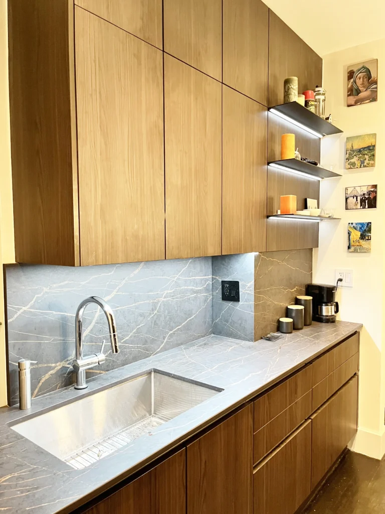 contemporary dark wood cabinets lighted floating shelves