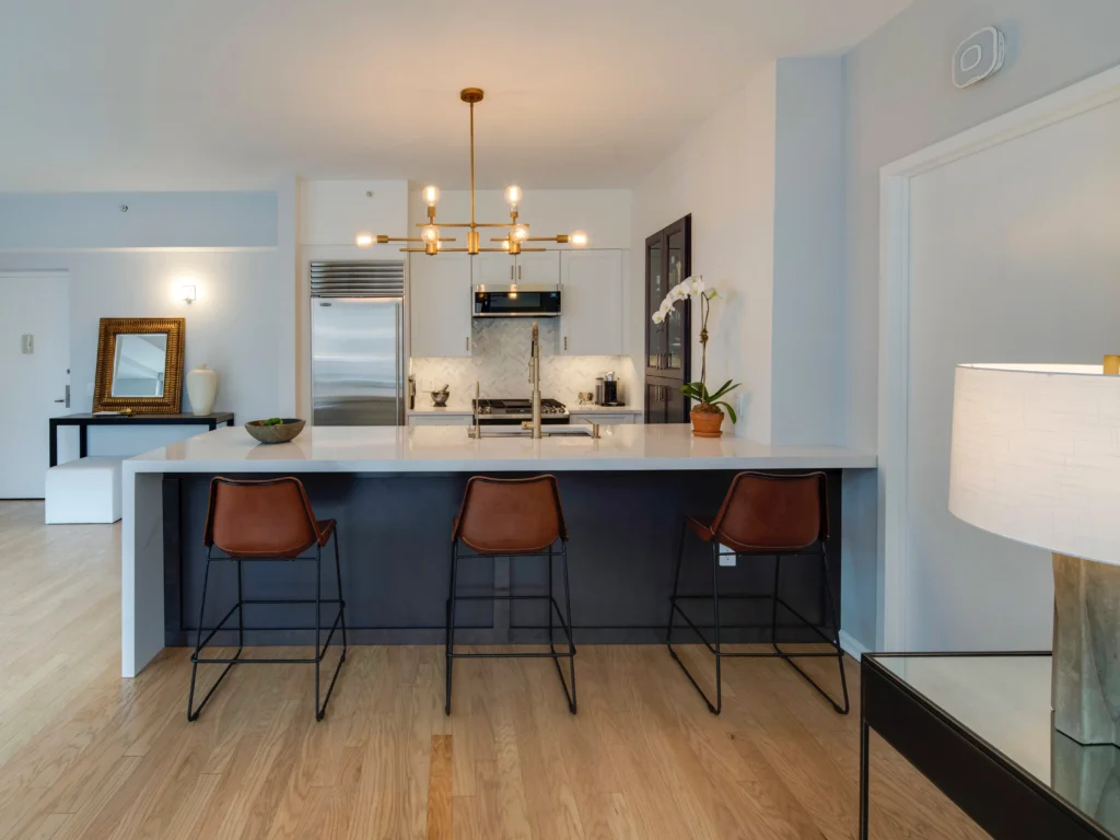 custom kitchen island with leather stools