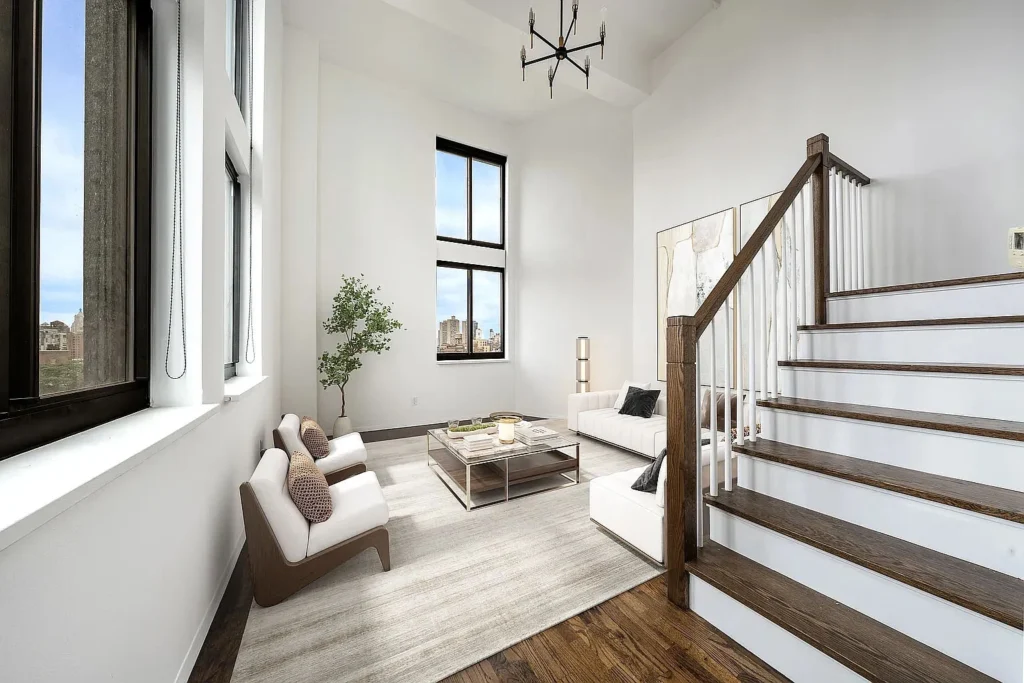 High ceiling living room contemporary white furniture